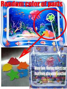 1个加厚充气海豚婴儿水垫，儿童拍打垫，PVC海洋鱼图案水上游戏垫玩具，婴儿拍打垫坐垫（款式和颜色随机），适合室内、沙滩、爬行和训练 - 适用于婴幼儿和新生儿，锻炼肌肉，促进发育 - 承重50公斤，柔软玩具，感官玩具，减压玩具，旅行玩具，婴儿必备，幼儿玩具，水上玩具，圣诞节，儿童生日礼物 - 彩色 - 查看 11