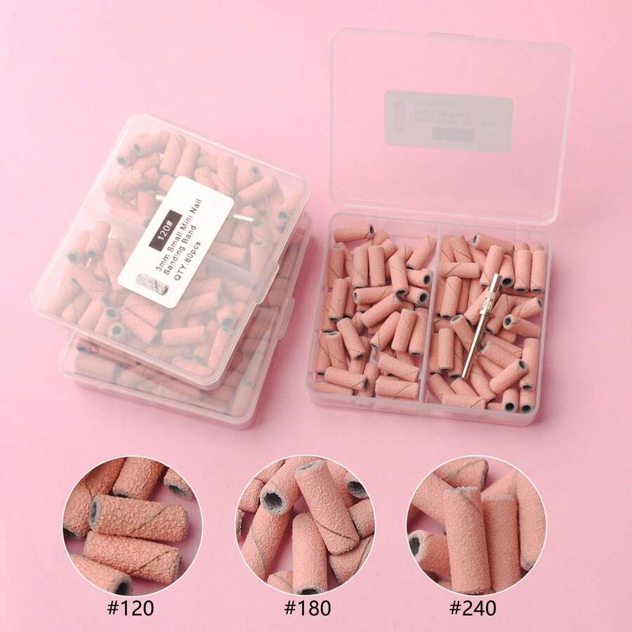 80pcs Pink Sanding Bands For Nail Drill, Upgrade Design Small Nail Sanding Files For 3mm Mandrel Bits, 120#/180#/240# Grits For Acrylic Nails Gel Removing Shaping, Manicure Nail Salon Use - Multicolor - View 1