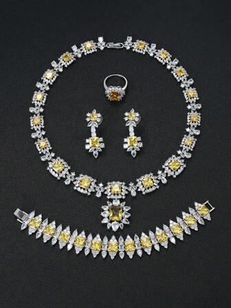 1 Set Of 5pcs Luxury Fashion Square Zirconia Necklace, Earrings, Bracelet, Ring Jewelry Set, Bridal Wedding Formal Dress Party Engagement Accessories, High-End Jewelry Gift For Women