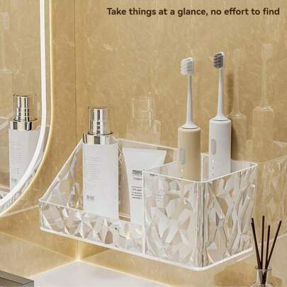 1pc Diamond Pattern Wall Mounted Mirrored Storage Cabinet, White, No Drilling Required