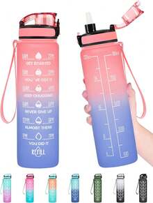 Enerbone Water Bottle, Leakproof BPA &Amp; Toxic Free, Motivational Water Bottle With Times To Drink And Straw, Fitness Sports Water Bottle With Strap For Office, Gym, Outdoor Sports - Pink-blue - View 1