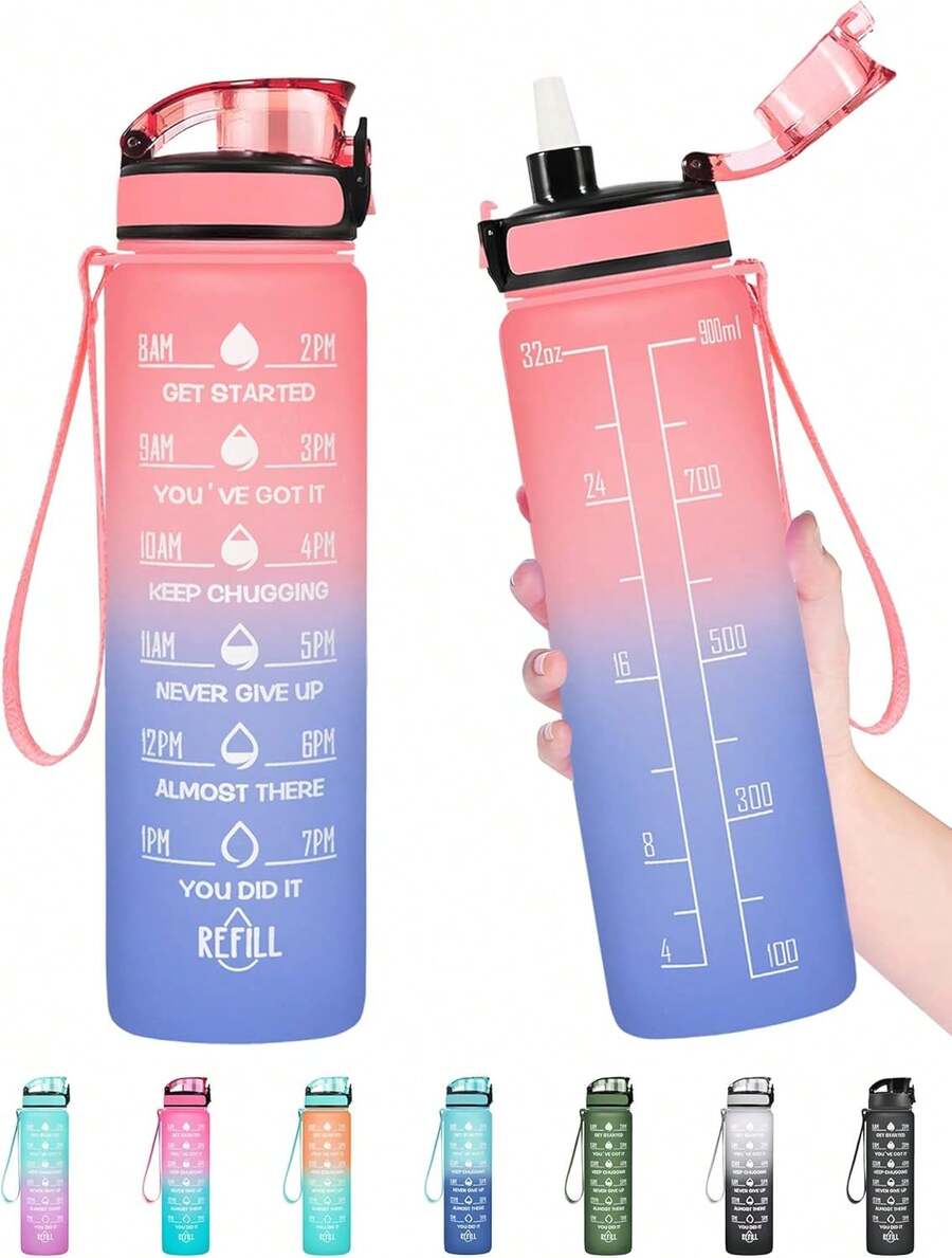 Enerbone Water Bottle, Leakproof BPA &Amp; Toxic Free, Motivational Water Bottle With Times To Drink And Straw, Fitness Sports Water Bottle With Strap For Office, Gym, Outdoor Sports - Pink-blue - View 1