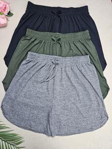 KIT3 Women's Plus Size Shorts G1Geometric Print, Mid-Rise, Summer, Casual And Comfortable - Kit3 Solid Color Black Military Green Gray - View 1