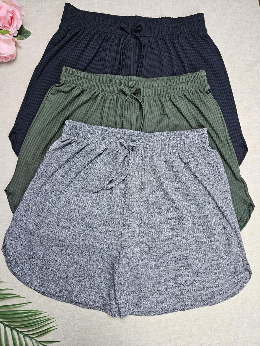 KIT3 Women's Plus Size Shorts G1Geometric Print, Mid-Rise, Summer, Casual And Comfortable - Kit3 Solid Color Black Military Green Gray - View 1