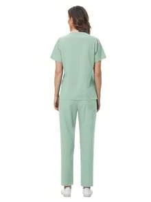 Set Seragam SPA Wanita, Atasan Lengan Pendek Lembut dan Bernapas dengan Bahan Matte dan Celana Panjang Lurus, Cocok untuk Ahli Kecantikan, Teknisi Kuku, dan Perawat - Mint Green - View 4