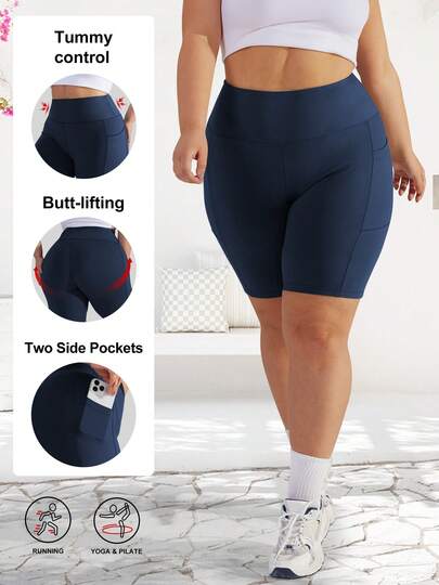 Pantalones cortos de ciclismo ligeros para mujer de talla grande, shorts deportivos elásticos de cintura alta para fitness y running con control de barriga y bolsillos
