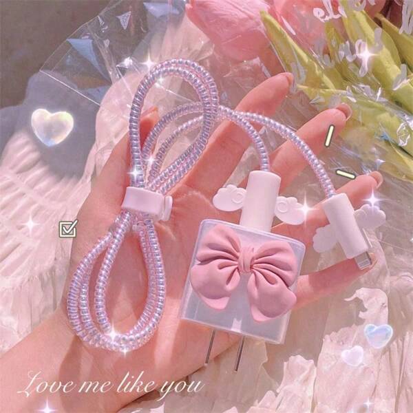 3D Cute Bow-Knot Silicone Clear Charging Cable Winder Protective Case Protector Cover Compatible With Iphone 18W-20W Charger Plug Data Line