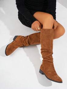 2025 New Style Ruched Velvet Stretchy Slim Fit Over-The-Knee Fashionable Mid-Calf Boots - Brown - View 6