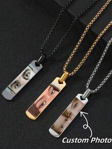 1pc Customized Couples Eye Photo Necklace, Laser Engraved Eye Photo And Name Pendant Necklace, Customized Laser Letter Couples Necklace, Stainless Steel Square Pearl Men's Photo Necklace, Couples Gift, Gift For Boyfriend, Girlfriend - Color Photo Necklace - View 2