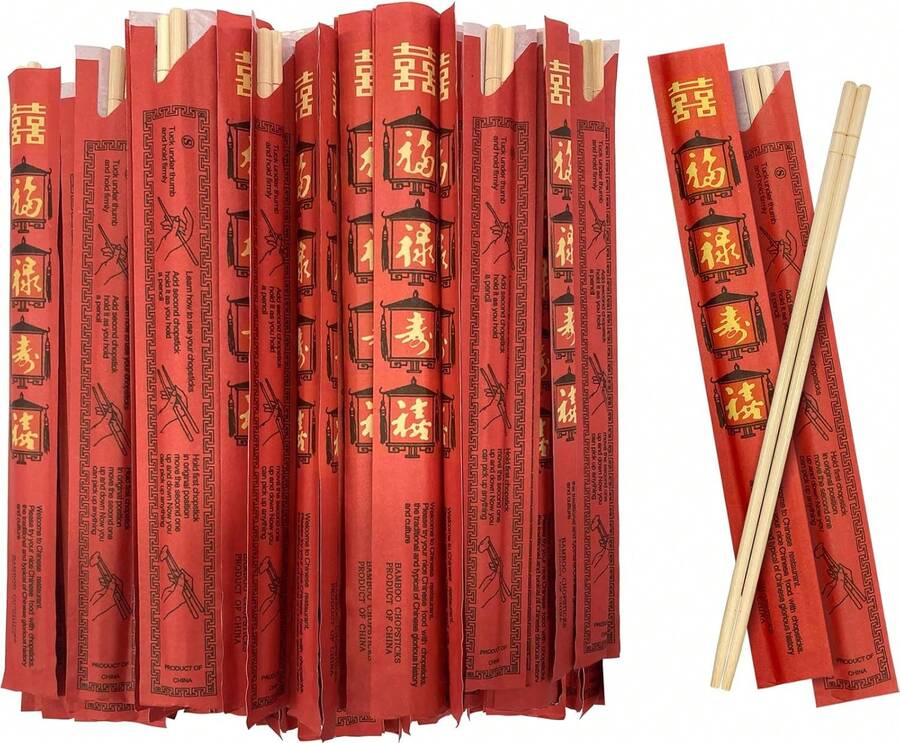 52USA Disposable Bamboo Chopsticks (100 Sets) - 9'' Long, UV Treated, Individually Wrapped Japanese And Chinese Wooden Chopsticks Bulk - 白色 - 查看 1