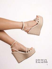Casual Wedge Sandal With Cute Stitched Straps Buckle Platform Heel Summer Autumn And Winter - trắng - Xem 2