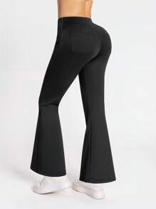 Women's Flared Leg With Pockets Yoga Pants, Slim-Fit Athletic Trousers For Everyday Wear