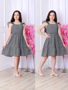SHORT DRESS WITH RUFFLE SLEEVES - CHECKERED