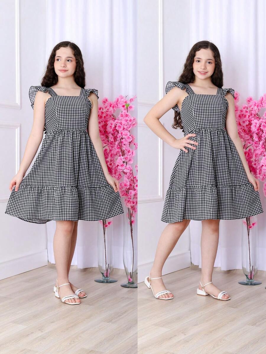 SHORT DRESS WITH RUFFLE SLEEVES - CHECKERED