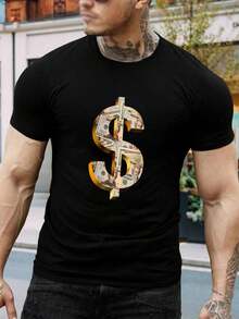 Camiseta de hombre con estampado de signo de dólar elegante - Camiseta negra con detalles dorados - Diseño gráfico de moda, cuello redondo, manga corta - Algodón suave - Cómoda camiseta única para papá - Prenda informal - Negro - Ver 1