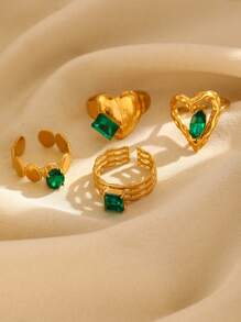 Elegant Vintage-Style 18K Gold-Plated Stainless Steel Inlaid Emerald Green Glass Heart Geometric Ring, Fashion Jewelry Versatile For Daily And Party Wear