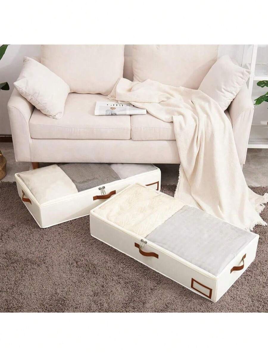 Beige Non-Woven Fabric Underbed Storage Bag, Waterproof Clothes & Comforter Storage Box For Home, Flat Foldable Container To Put Under Bed - Beige - View 1