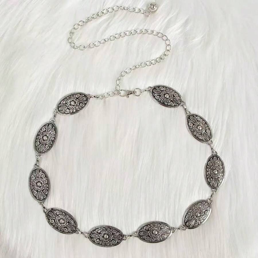 1 件大码牛仔夹克，复古西部风格纹理金属花扣腰带，搭配牛仔牛仔裤 - 古銀 - 查看 1