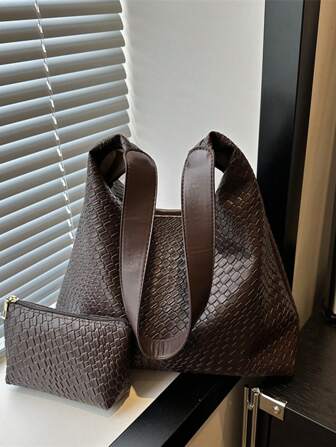 时尚女士新月形编织单肩包，PU 皮革斜挎包，带零钱包