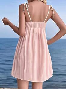 Vestido curto casual de senhora, cor lisa, plissado, com alças finas, para férias - Baby Rosa - Ver 3