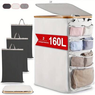 1 pieza Clasificador de ropa, colector de botellas con 3 bolsas de malla + bolsillo lateral colgante separado, puede clasificar ropa grande y pequeña simultáneamente, hecho de nailon 600D con lados de cartón, forros reutilizables, plegable para ahorrar espacio, adecuado para el hogar, el baño, el dormitorio, la organización de ropa en la sala de estar