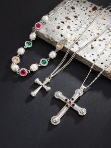 3pcs/Set Vintage Elegant Minimalist Multi-Color Crystal & Faux Pearl Necklace, Men's Casual Hip-Hop Cross Pendant Necklace, Everyday & Party Accessories - 3-piece Set - View 13
