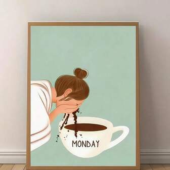 1 件无框帆布艺术印刷品 - “咖啡女孩”周一早晨设计，适用于客厅、卧室、办公室或厨房的防水墙面装饰，30.48x40.64 厘米，完美的礼物之选，卧室墙壁艺术 | 现代墙壁装饰 | 防水帆布，咖啡吧艺术