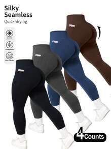 4 Pieces Set Of Plussize Women's Sports Yoga Leggings Pocket Pants, With Its Own Pockets For Easy Carrying, Comfortable And Light