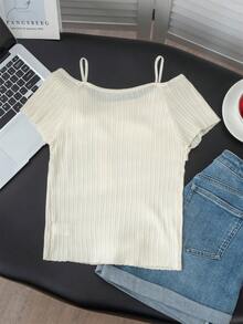 纯色性感露肩蝴蝶结短袖针织毛衣，甜美优雅修身女衫，夏季新品