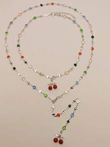 2 pezzi Collana lunga con ciondolo a forma di Y, con ciondolo a forma di ciliegie rosse metalliche e choker di cristalli colorati, gioielli stile boho, regalo per donna, adatto per occasioni