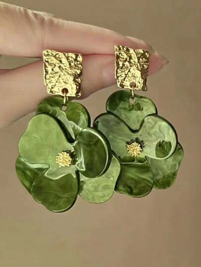 1 Pair Metal & Acrylic Floral Stud Earrings, Retro Style, Luxury High-End Jewelry Accessories For Women