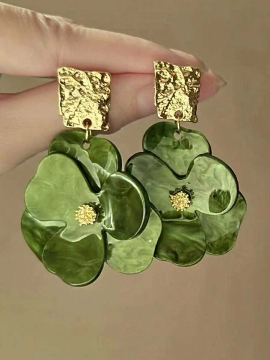1 对金属和亚克力花卉耳钉，复古风格，奢华高端女士珠宝配饰 - 綠色 - 查看 1