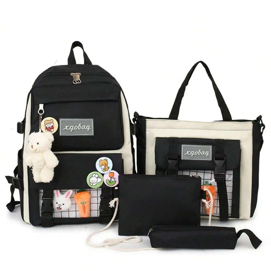 Kit Mochila Bolsa Escolar Feminina Multiuso Grande 4 Peças - Preto - Visão 1