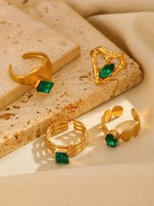 Elegant Vintage-Style 18K Gold-Plated Stainless Steel Inlaid Emerald Green Glass Heart Geometric Ring, Fashion Jewelry Versatile For Daily And Party Wear