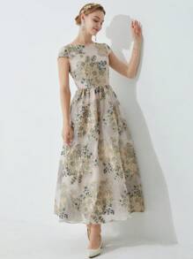 Elegant Women's Ditsy Floral Long Party Dress, Organdy Jacquard Fabric, Spring/Summer, Prom Dress