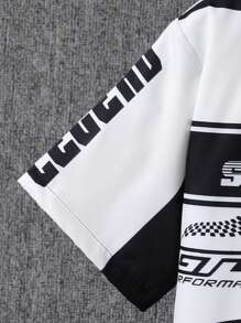 2pcs/Set Pre-Teen Boys Outdoor Chic Street Racing Style Polo Shirt & Shorts Set, Spring/Summer