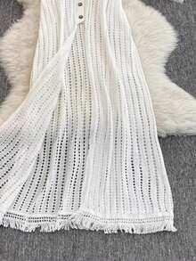 女式无袖长款蕾丝流苏披肩，镂空镂空层次感，夏季 - 白色 - 查看 3
