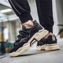 New Thick Sole Elevated Chunky Sneakers For Men, Fashionable Casual Outdoor Non-Slip Durable Lace-Up Shoes, Lightweight Comfortable Versatile Sporty Sneakers - Black - View 8