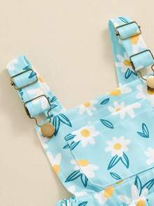 Toddler Baby Girl Sunflower Print Overalls Shorts With Pocket Suspender Trousers Cute Summer Clothing Outfit - Blue - View 4