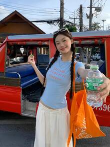 女士夏季字母图案短袖T恤 - 藍色 - 查看 3