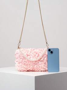 Elegant 3D Flower Handbag, Pearl Bag, Metal Chain Shoulder Bag, Prom Accessories, Prom Bag, Prom Dresses For Women, Elegant Bag For Women (Pattern Random) - Pink - View 4