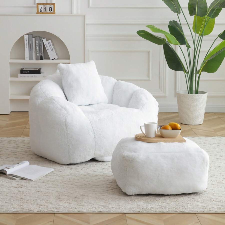 Giant Bean Bag Chair With Footstool,Lazy Sofa - Oversized High Back Corduroy Bean Bag Couch,Floor Sofa For Living Room, Home Theater, Play Zone - & Non-Slip Base,Very Suitable For Bedrooms, Living Rooms, Game Rooms, Study Rooms, Offices, Or Apartments. - B-白色(附腳蹬豆袋椅) - 查看 1