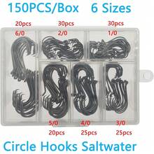 New Fishing Hooks Saltwater Circle Hooks For Catfish And Octopus, 150pcs Fish Hooks For Fishing Tackle And Gear, 6 Siz Saltwater Fishing Lur, Black High Carbon Steel  Portable Plastic Box - 1 0 2 0 3 0 4 0 5 0 6 0 1 0 2 0 3 0 4 0 5 0 6 0 - View 2