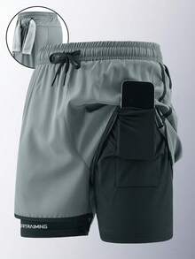 3 件套男友风格男士速干跑步训练健身短裤，夏季 - 灰色 - 查看 2