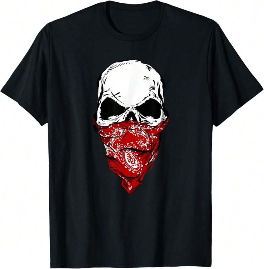 Fearless Skeleton Skull Head Red Bandana Face Mask T-Shirt T-Shirt{SP Gifts For Dad - Black - View 1