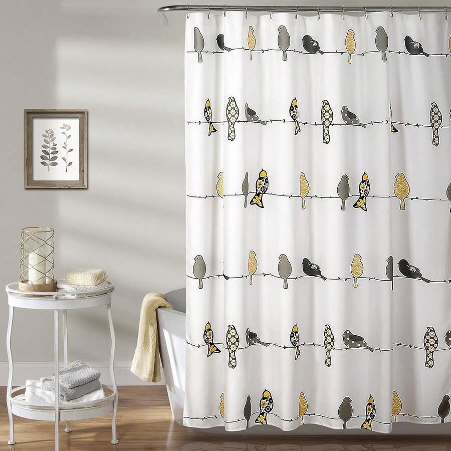New Lush Decor Rowley Birds Shower Curtain, 72\U201d W X 72\U201d L, Yellow & Gray - Colorful Floral Bird Pattern - Whimsical & Playful Bird Shower Curtain - Farmhouse, Coastal, & Boho Bathroom Decor - 黃色和灰色 72 英寸寬 x 72 英寸長(1 包) - 查看 1