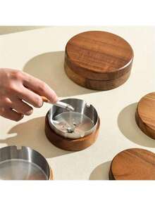 1pc Ashtray With Lid, Creative Nordic Style Wooden & Gold Round Ashtray For Home & Office Use, Anti-Ash - Brown - View 1