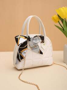 Túi xách vỏ sò thêu họa tiết lưới chéo dung tích lớn, khăn quàng cổ, túi xách tay cầm xích - trắng - Xem 6