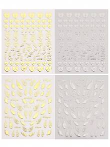 2/3/4/6 3D爱心锁指甲贴金银翅膀心形贴纸抽象涂鸦条纹指甲修剪，银色爱心锁抽象涂鸦全息心形指甲修剪包裹热印指甲贴纸DIY