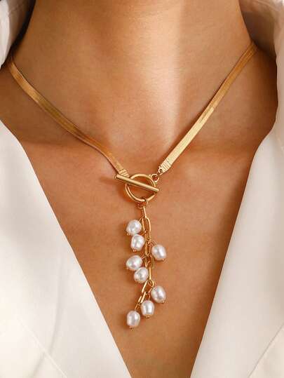 1 chiếc vòng cổ tua rua ngọc trai kiểu cung điện Baroque, vòng cổ hình học bằng xương rắn trơn cổ điển, phụ kiện hợp kim kẽm màu trơn kiểu Âu Mỹ độc đáo dành cho các bữa tiệc phong cách Bohemian.